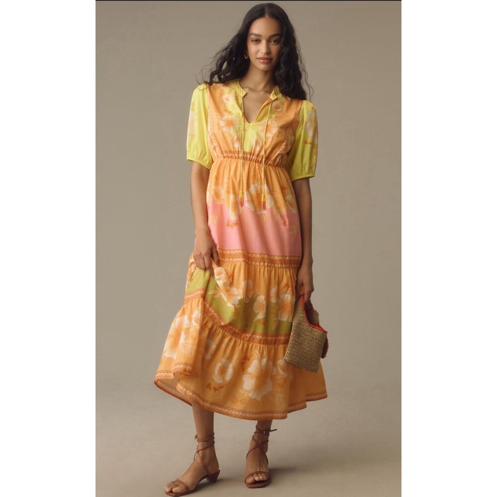 Farm Rio Anthropologie Midi Dress Yellow Floral Vacay Tropical Preppy Sz XXS NWT